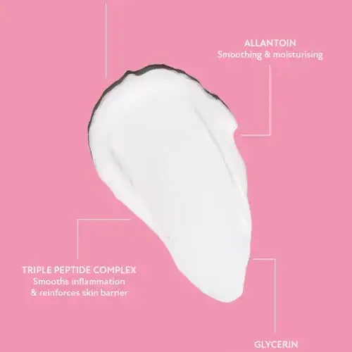 White peptide moisturiser swatch on pink with ingredient labels — Allantoin, Triple Peptide Complex, Glycerin