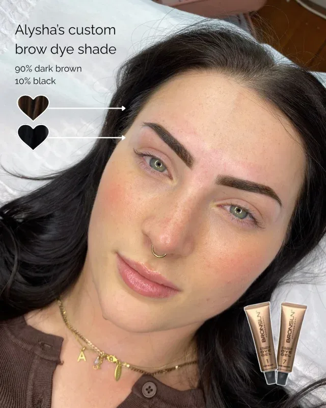 Custom Bronsun brow dye blend — precision colour match, 90% dark brown 10% black, close-up brow result