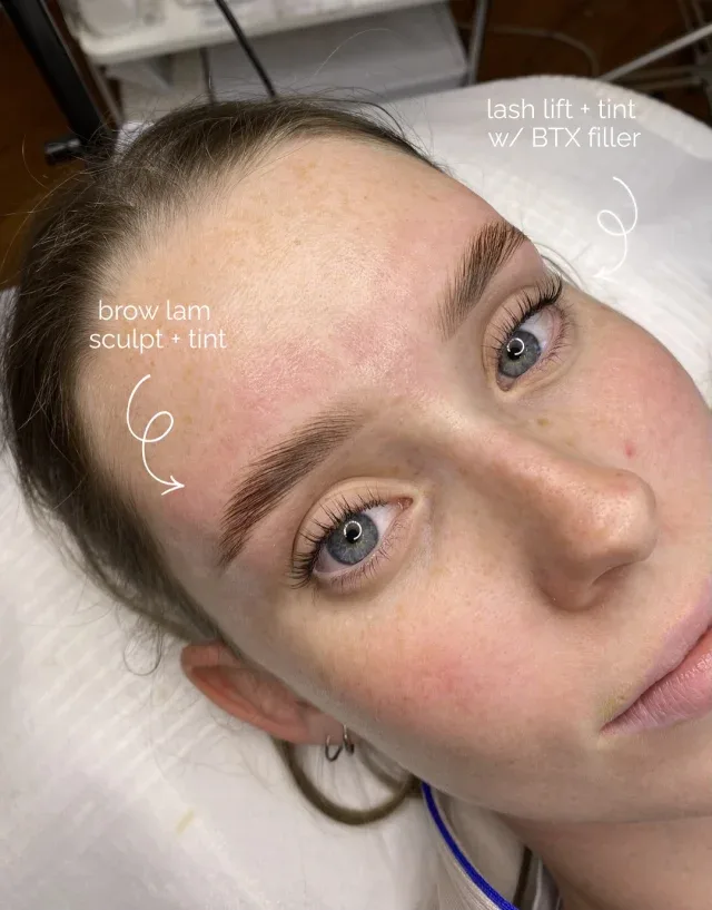 Close-up of sculpted brows and lifted lashes — brow lam sculpt and tint with lash lift and BTX filler result